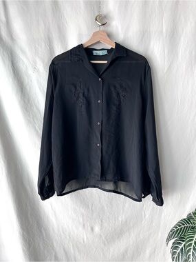 Vintage Black Embroidered Button-Down Blouse